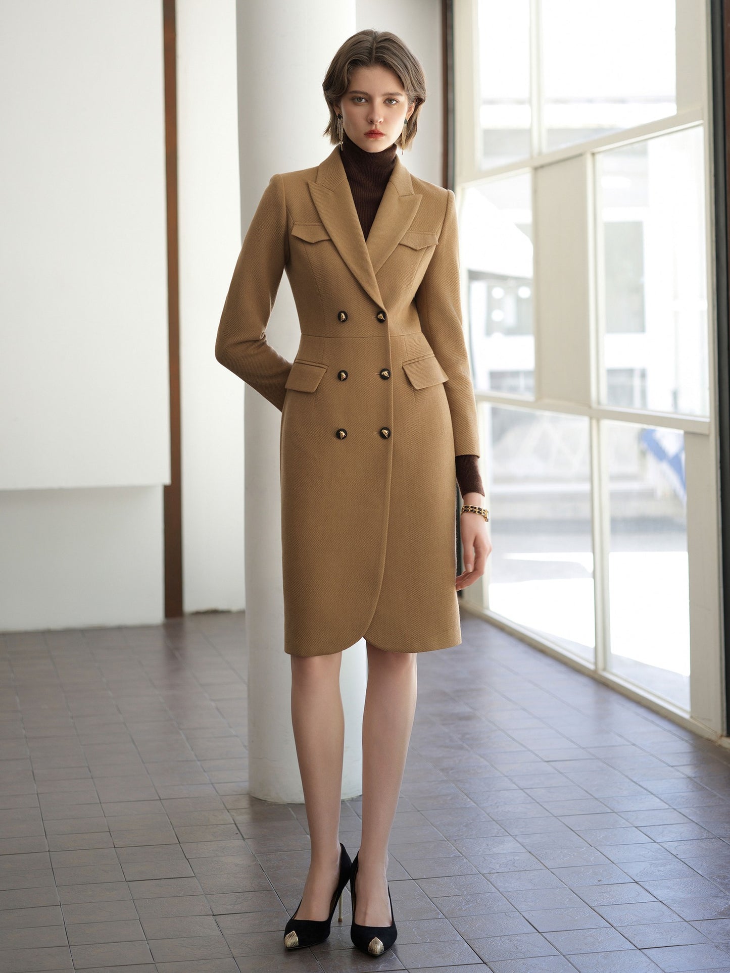 Camel Luxe Double-Breasted Dress Coat