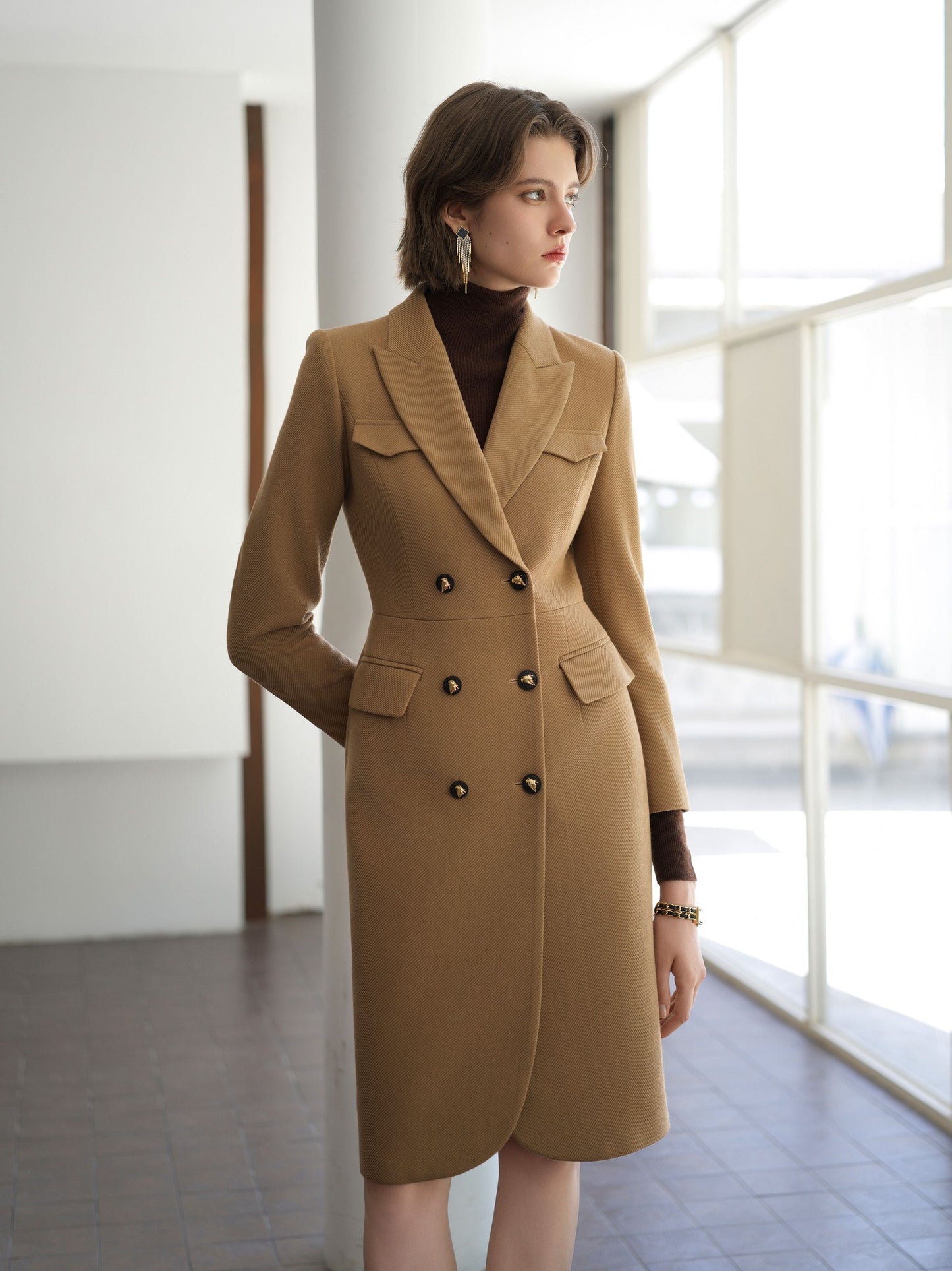 Camel Luxe Double-Breasted Dress Coat